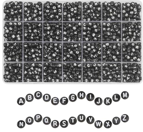 MiuCo 1850 Stück Schwarz Buchstabenperlen für Armbände, Rund Buchstabenperlen zum Auffädeln,Letter Beads A bis Z, Bastelset Perlenset für Armbänder Schmuck Basteln DIY Herstellung