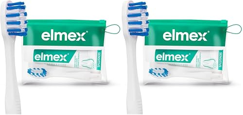 Elmex Mini-Zahnpasta für Reisen, Mini-Zahnbürste für empfindliche Zähne, Reise-Set – Schutz und Stärkung des Zahnschmelzes – kompaktes Reiseformat 12 ml (Packung mit 2)