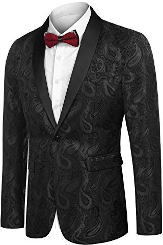 COOFANDY Mens Paisley Jackets Blazer Retro Jacket Slim Fit Tuxedo Suit Smart One Button Dinner Coat Wedding Party Black S