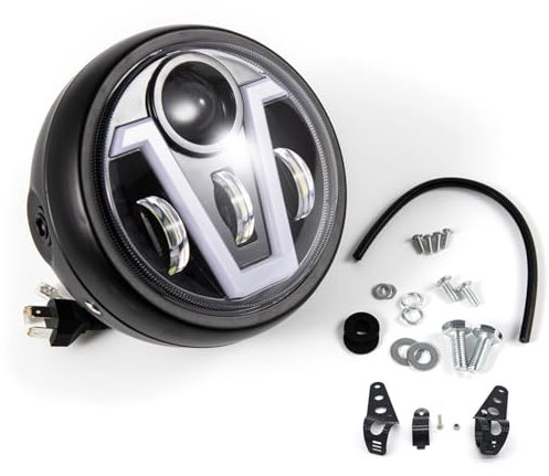 APEBAZY Universal-Motorradscheinwerfer-Baugruppe LED-Tagfahrlicht Runde Motorrad-Frontleuchte V-Motorradscheinwerfer für Cafe Racer Bobber Chopper