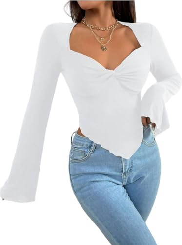 Rongseng Camiseta de Manga Larga para Mujer Crop Tops Sexy Slim Fit T Shirt Cuello Corazón Wist Frente Dobladillo Asimétrico Básico Top Elegantes Jersey Pullover Suave Camisa Moda Casual Streetwear