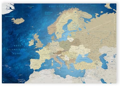 LANA KK - Magnetisches Blechschild Europakarte - Deutsch, zum markieren mit Magneten inkl. Starterkit - Magnetboard Wandbild Landkarte XXL (Meerestiefe, 100 x 70 cm)