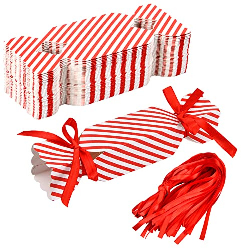 Rapidbok 50 Stück Süßigkeiten Schachtel Hochzeit, Hochzeit Candy Box, Geschenkbox mit Band,Bonbonförmige Papierschachtel, Party-Geschenkboxen, kreative Papier-Leckerli-Boxen,(Rote Streifen)