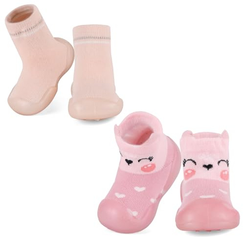 MK MATT KEELY 2 Paia Scarpe Neonato Calzini Antiscivolo Bambino Bambina Scarpine in Maglia Primi Passi Infanzia,Rosa+Fox,6-12 Mesi