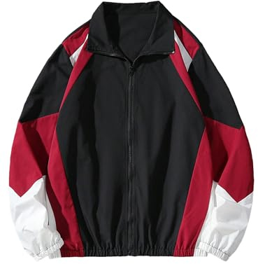 SOLY HUX Men's Varsity Jacket Zipper Color Block Windbreaker Jackets Long Sleeve Coats Streetwear Black Red Multi Large