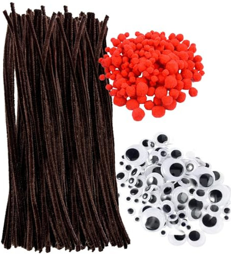 400 Stück Pfeifenreiniger Set, Braune Pfeifenputzer zum Basteln, Weihnachten Pfeifenreiniger Chenilledraht Set Mit Rote Pom Poms,Selbstklebend Bastelaugen für DIY Weihnachten Handgemacht