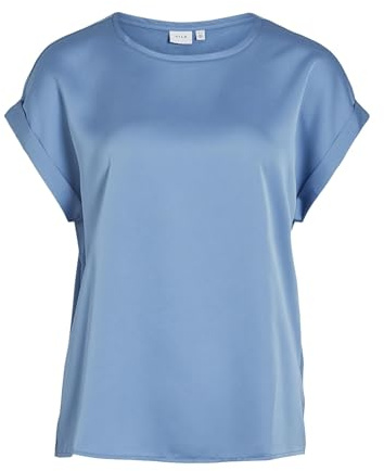 Vila Damen Satin Blusen T-Shirt Kurzarm Basic Rundhals Top Glänzend Tunika Blouse Oberteil VIELLETTE, Farben:Blau-4, Größe:42