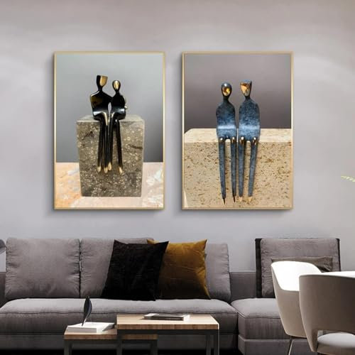 CHAOJIART Romantische Paare Metallstatue Drucke Leinwand Malerei Abstrakte Skulptur Wandkunst Poster Bilder für Wohnzimmer Cuadros 80X110cm (32x43in) X2 Rahmenlos