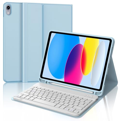 Funda con Teclado para iPad A16 11ª Generación 2025/10ª Generación 2022, Teclado Bluetooth Inalámbrico, Funda Delgada con Ranura para Bolígrafo para iPad 11ª/10ª Gen 10.9/11 Pulgadas, Azul Claro