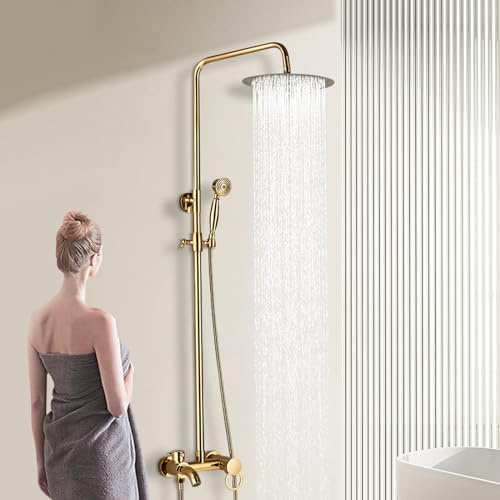 Colonne de douche thermostatique réglable en hauteur en acier inoxydable, avec douche à main et robinet, pour la maison, l'hôtel, la salle de bain, la piscine (doré)