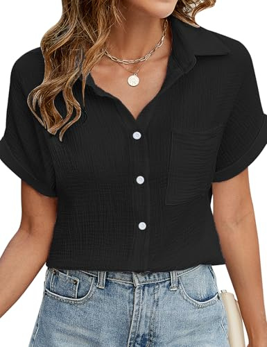Niwicee Camicia Donna Estiva Camicetta da Donna Manica Corta Cotone Blusa Elegante con Scollo a V Maglietta Top con Bottoni Casual Tinta Unita Classico Camicie Maglia(Nero,S)