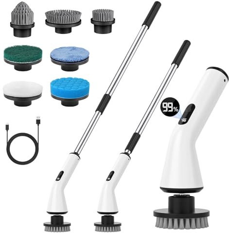 Electric Spin Scrubber Cordless Rechargeable - IPX7 Waterproof Electric Cleaning Brush with 7 Replaceable Brush Heads, 3 Adjustable Size, 2 Adjustable Speeds for Bathroom Shower Bathtub Glass Car-Sea