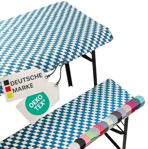 NYVI Bierbankauflagen Set NYVIGala 240x70 cm Bayrische Raute - 1x Tischdecke für 220x50 cm Biertische & 2X Gepolsterte Auflage für 220x25 cm Bierbänke - Sitzauflage für Bierzeltgarnitur