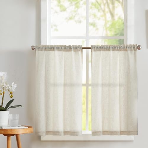 Vangao Scheibengardinen Modern Bistrogardine 2er Set 65B x 75H cm Beige | Leinenoptik Gardinen Kurz Lichtdurchlässig 75cm lang Küchengardinen mit Stangendurchzug Landhausstil Küche Wohnwagen Fenster