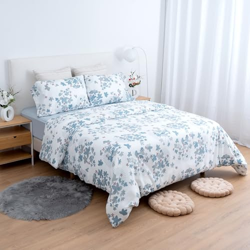 Etrexonline Juego de Funda Nórdica 4 Piezas para Cama 150 - Funda Edredón 240x220 cm, Sábana Bajera 150x200+28 cm, 2 Fundas de Almohadas 50x90 cm - Microfibra Suave y Transpirable - Flor Azul