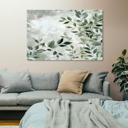 Bunt Wandbilder Dekoration Wohnzimmer Pflanzen Blätter Salbeigrün 60x120cm | Bilder auf Leinwand Leinwandbild Schlafzimmer Küche Deko Wand Kunstdruck Art Groß XXL Wanddeko Bild Wall Decor Canvas
