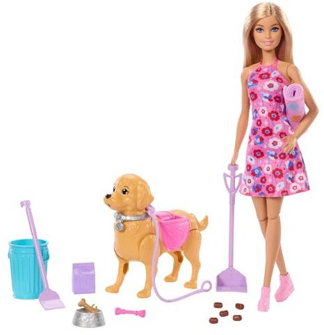 Barbie “Barbie Walk & Potty” Conjunto con Cachorro de Juguete. Incluye un Perrito de Juguete Que Camina y Hace Sus Necesidades, una muñeca Barbie “Malibu”, Pala para Recogida y Accesorios, JJB46