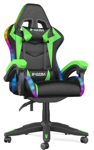 Racingreat LED Gaming Stuhl mit RGB-Lichtleiste (Grün) | Gaming Chair RGB, Kopfstütze Lendenwirbelstütze, Höhenverstellbar 90°–135° Neigungswinkel, Junge Erwachsene Büro Pause