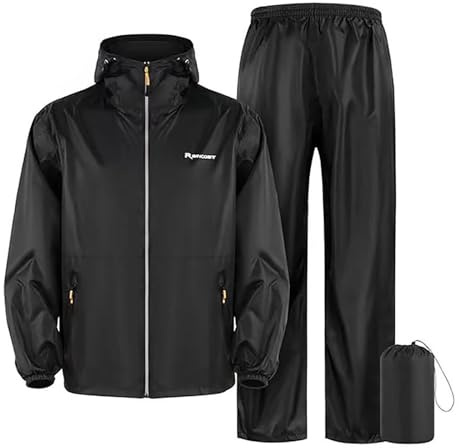 Duohropke Tuta antipioggia da uomo e donna, riflettente, impermeabile, traspirante, impermeabile e pantaloni da pioggia, set Rainwear con cappuccio, giacca antipioggia per pesca, escursionismo