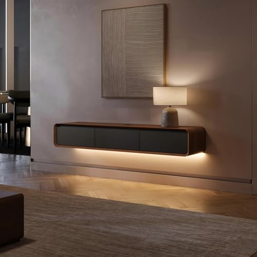 POVISON TV Schrank Schwebend 160cm mit LED Modern Schwarz & Walnussholz | Massivholz, 3 Schubladen, TV Lowboard Hängend, Kabelmanagement, Komplettmöbel mit Stauraum für Wohnzimmer