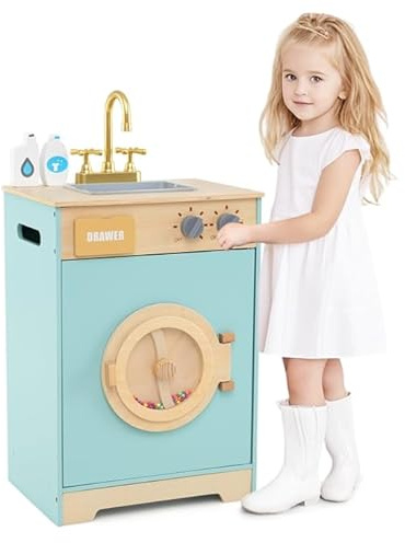 COSTWAY Kinder Waschmaschine Holz, Spielzeug-Waschmaschine mit Waschmittel & Handdesinfektionsmittel, Wäscherei-Küchenset mit Spüle, Schublade & Drehrad, Geschenk für Kinder ab 3 Jahren