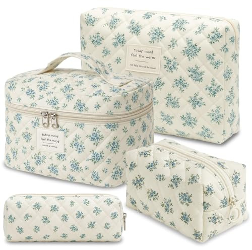 KELAV Set di 4 Beauty Case, Necessaire da Viaggio in Cotone Trapuntato a Fiori Grandi con Zip, Borsetta Cosmetici Capiente per Trucco, Igiene, Accessori​