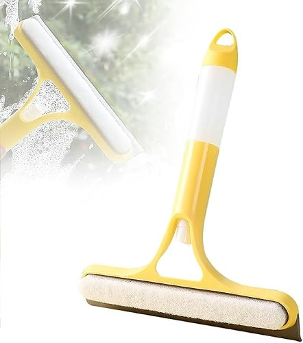 3-in-1 Window Cleaner with Spray Function, 2025 Upgraded Squeegee for Shower Glass, Windows, Mirrors and Car Windows - Universal Cleaning Tool with Scraper and Brush (Yellow)