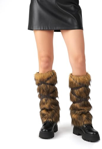 XEPST Kunstfell Beinwärmer Flauschige Fell Stulpen Beinstulpen für Damen Herren, Mittelalterliche Warrior Fellstulpen Armstulpen für Wikinger Kostüm Accessoires (Braun mit schwarzen)