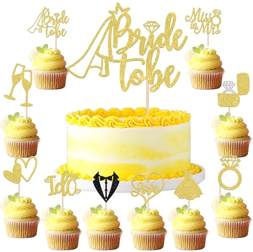 21 Stück Bride to Be Tortendeko Glitzer Hochzeit Cupcake Toppers Liebe Herz Diamant Ring Cake Topper Braut und Bräutigam Kuchen Deko für Verlobung Hochzeiten Thema Party Kuchen Dekorationen Gold