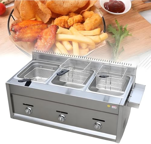 Friteuse a Gaz,Grande Friteuse,Friteuses Professionnelle Avec Cuve D'assaisonnement,Comprend Des Paniers Et Des Couvercles Pour Un Nettoyage Facile Triplecylinder
