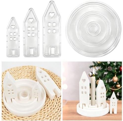 Silikonform Haus, 4 Stück Silikonform Haus Kerzenständer Set, Gießformen Silikon Häuser, Gießform Haus Kerzenhalter Rund Formen für Gießformen Silikon, Gießform Krippe