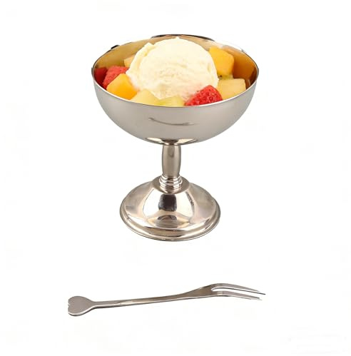 Buachois Inoxidable Taza de Helado de Acero, Cuenco de Postre Retro con Base Vaso de Helado Para Ensalada Pudín Reutilizable Copa Incluye Cuchara o Tenedor Servir Postres para Comer en Casa y Fiestas