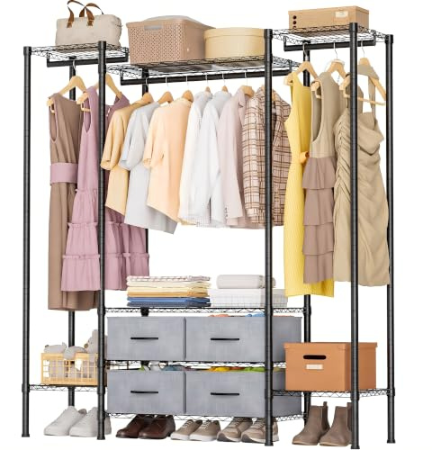 Himimi Kleiderständer mit 4 Schubladen,Schwerlast 154x40x180 cm Metall | Offener Kleiderschrank mit Höhenverstellbaren Ablage,3 Kleiderstangen Garderobenständer Stabil für Schlafzimmer Schwarz