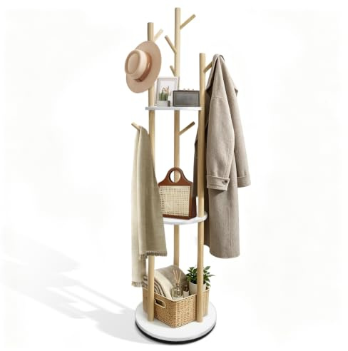SUNDOY Porte-Manteau Pivotant sur Pied en Bois 165 cm | Arbre d'Entrée, 3 Étagères et 9 Crochets, Rotatif, Pour Vestes, Manteaux et Chapeaux, Pour Couloir, Chambre et Salon
