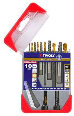 TIVOLY - Set aus Bohrern und Ausdrehern für abgebrochene Schrauben + HSS-Bohrer mit TiN-Beschichtung - Set mit 5 Bohrern und 5 Ausdrehern N1 Ø 2,5 mm/N2 Ø 3,2 mm/N3 Ø 4,8 mm/N4 Ø 6,5 mm/N5 Ø 8 mm