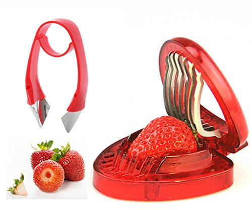 Strawberry Huller and Strawberry Slicer Set, Strawberry Tomato Potato Pineapple Carrot Stem Remover, Wild Strawberry Corer Cutter Red