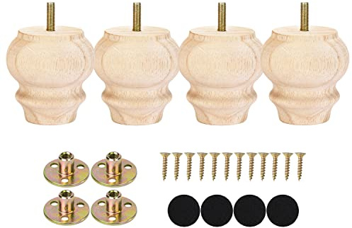 Maricome 3 Inch Unfinhsed Bun Feet Predrilled M8 Bolt Replacement Legs Couch Ottoman Sofa Wood Furniture Legs Set of 4 Screw in