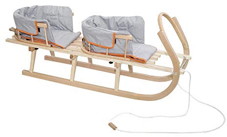 Schlitten Duo aus Holz Holzschlitten für Zwei Kinder mit Zwei Rückenlehne Rodelschlitten Davoser Schlitten aus Holz mit einem Sicherheitsgurt, Rückenlehne, Matratze für Kinder und Erwachsene (Grau)