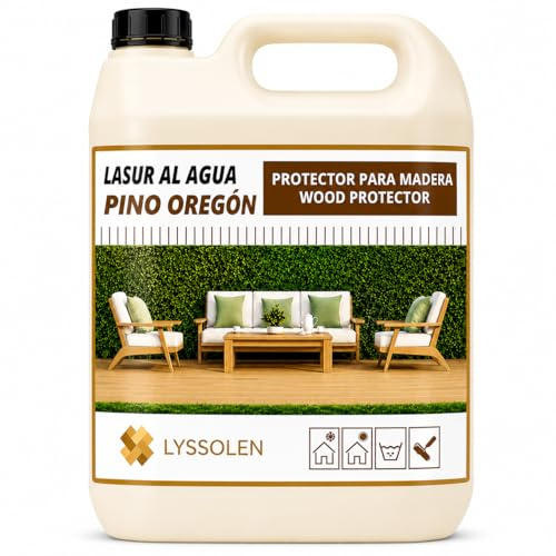 LYSSOLEN - Lasure Protectrice pour Bois Satinée - Lasure Extérieur à l’Eau avec Effet Imperméabilisant - Protège, Décore et Embellit Tous les Types de Bois (PIN D'ORÉGON, 5 LITRES)