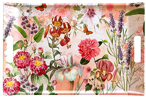 Lashuma Getränketablett beige rot Druck: Wildblumen, Kaffeetablett mit Griffen, Größe: 54x35 cm