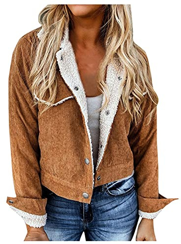 Veste en velours côtelé pour femme - Veste d'hiver rétro vintage en polaire - Veste de loisirs - Manteau court - Veste chaude - Hauts décontractés à manches longues - Pour l'automne et l'hiver