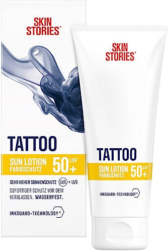 SKIN STORIES Sun Lotion LSF 50+ (100 ml), Tattoo-Farbschutz Sonnencreme mit InkGuard-Technology®, sehr hoher Tattoo Sonnenschutz mit Panthenol und Vitamin E gegen das Verblassen von Tattoo-Farben