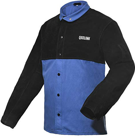 QeeLink Chaqueta de soldador con mangas de cuero partido | Chaqueta para soldar de algodón ignífugo, azul y negro, S