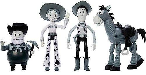 Mattel Disney Pixar Toy Story Woody Roundup 4-pack svarta och vita figurer Woody Jessie Bullseye Stinky Pete monokromatiska filmfigurer 17,8 cm (exklusivt Amazon)