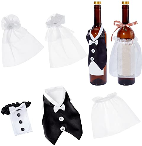 CHGCRAFT 2 Sets 2 Style Bride and Groom Wine Bottle Covers Wedding Dress Wine Bottle Decoration Wine Glasses Tosting Lace Cover for the Couple Wedding Bachelorette Engagement Party