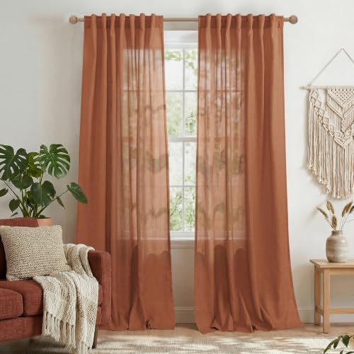 Cortinas para Salas Modernas Bohemian-Vorhänge für Wohnzimmer, mit Rückenlasche, Boho-Stil, Leinen, halbtransparent, Terrakotta-Vorhang, 228 cm lang, 2 Paneele, Cooles, maximalistisches Rost-Dekor