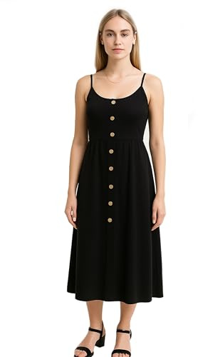 es-uk Casual Cami-klänning för kvinnor – enfärgat elastiskt band midja med rund hals midi-klänning, Svart, L