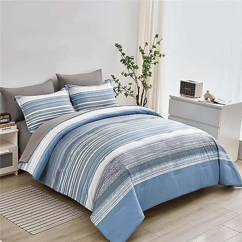 KAKIJUMN 5 Piece Bed in a Bag Stripe Comforter Set Twin Size, White Grey Blue Striped Comforter and Sheet Set, All Season Soft Microfiber Complete Bedding Set(Light Blue,Twin)