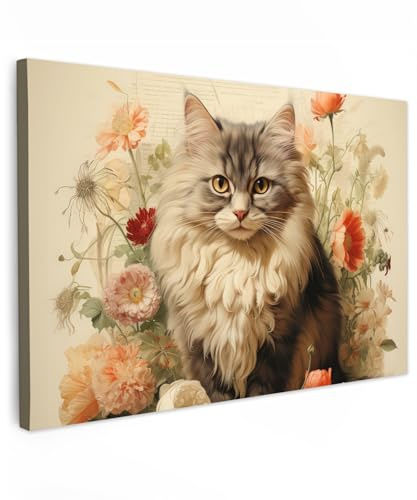 MuchoWow© Leinwand Groß 120x80 cm XXL Deko Schlafzimmer Aesthetic Leinwandbilder Wohnzimmer Gemälde Foto Geschenk Living Room Decoration Vintage - Katze - Blumen - Weiß - Natur - Tiere