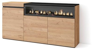 Skraut Home | Aparadores para salón | Gran Capacidad de almacenaje | 150x75x35cm | 3 Puertas | Chimenea eléctrica | Estilo Moderno | Roble y Negro